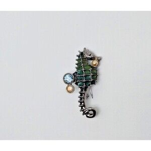 VTG Seahorse Brooch Pin Blue & Green Liz Claibrone LC Faux Pearls Silver Tone